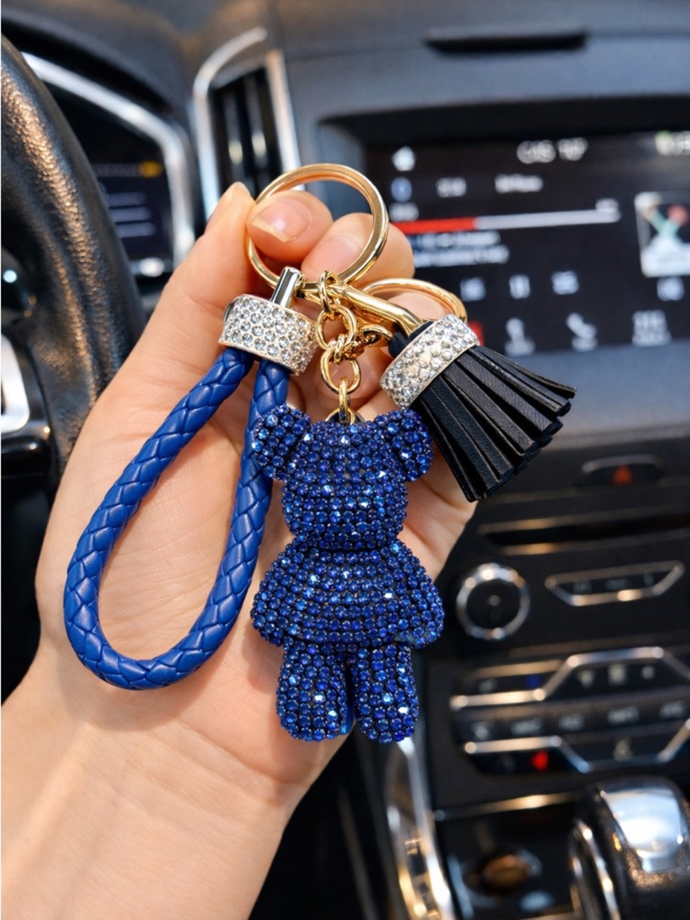 Rhinestone Bear Keychain Blue Crystal Braided Strap Tassel Bag Charm Gold Clip